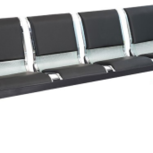 Banquette de réception KUADRA 4 places Avec Accoudoirs et piètement en Silver + simili cuir noir