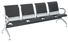 Banquette de réception KUADRA 4 places Avec Accoudoirs et piètement en Silver + simili cuir noir