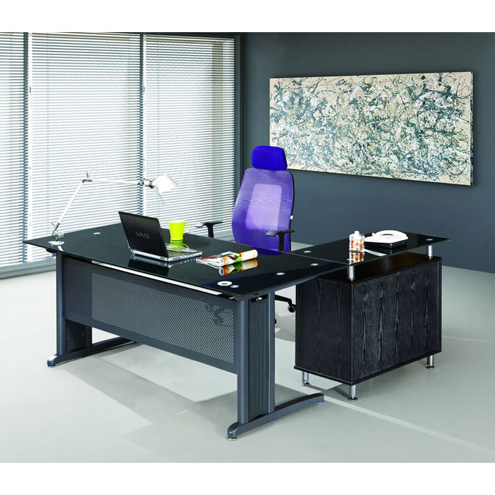 Bureau BLACKY en verre noir avec retour + rangement