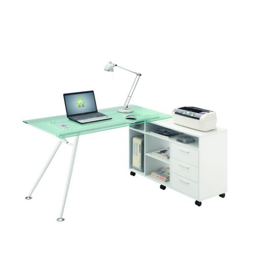Bureau CONNECT avec retour blanc avec 3 tiroirs 4 niches 160×118 cm