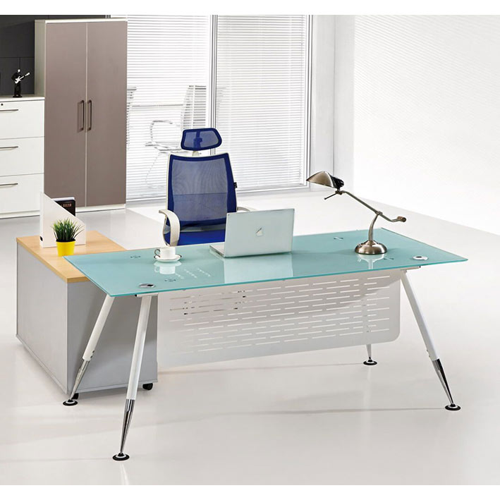 Bureau DESIGN en verre sablé avec retour + Rangement