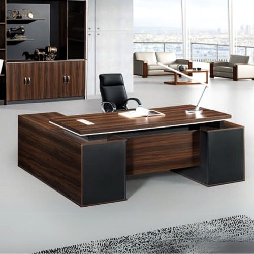 Bureau Direction GALILEE en wengé + retour avec rangement et caisson 200×180 cm