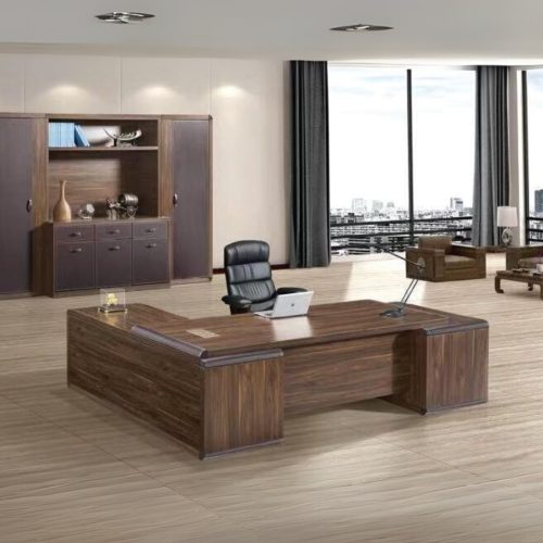 Bureau Direction THALES retour avec rangement et caisson 220x200x76 cm Noyer