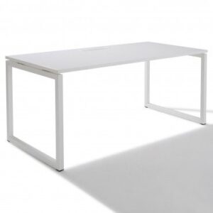Bureau opérateur - Plateau en bois mélaminé Piètement métal 1600x800x750 mm Blanc - 2 passe-câbles