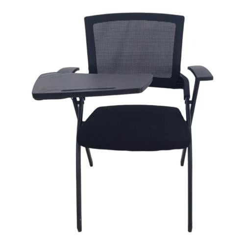 CHAISE VISITEUR PLIABLE AVEC ECRITOIRE DOSSIER EN MESH NOIR ASSISE EN TISSU NOIR