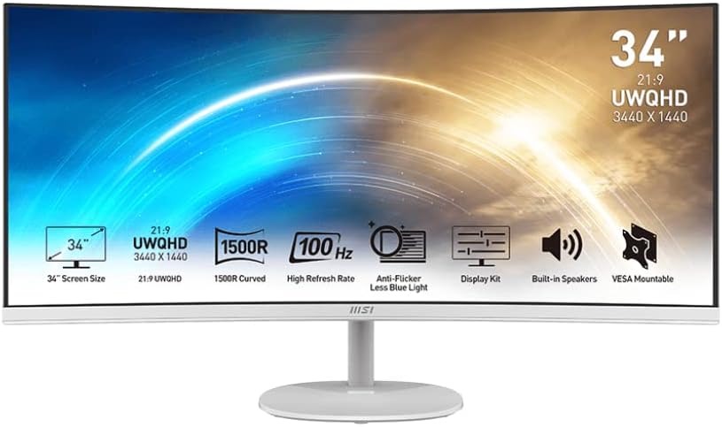 Écran MSI Pro MP341CQW Écran Bureautique Incurvé 34" - 3440x1440 - 21:9 Blanc
