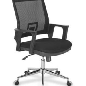 Fauteuil Opérateur RITA dossier en mesh noir assie en tissus noir et avec accoudoirs fixes et pvc et luge chrome