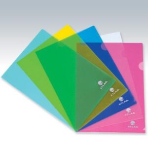 Lot de 12 Pochettes coins transparentes A4 ATLAS en polypro (5 coloris au choix)