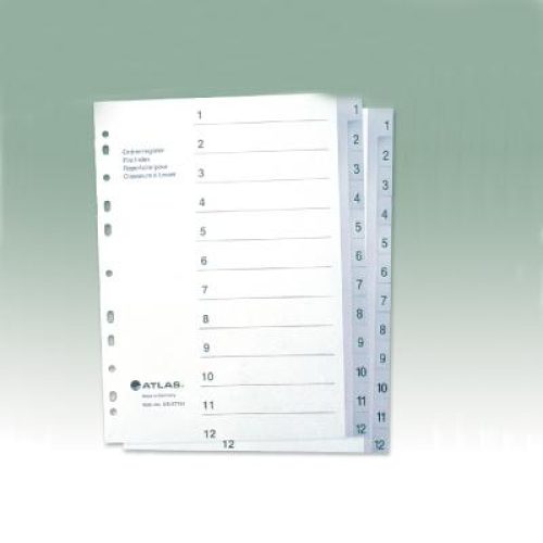 Lot de 25 Jeux d’intercalaires numériques Polypro ATLAS 1 à 12 format A4