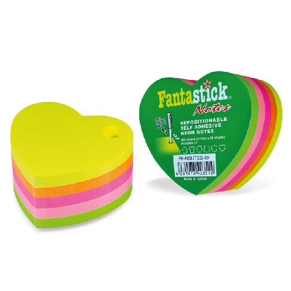 Lot de 6 blocs de 400 Stick Notes Fantastick Hearts fluorescentes - 5 couleurs assorties