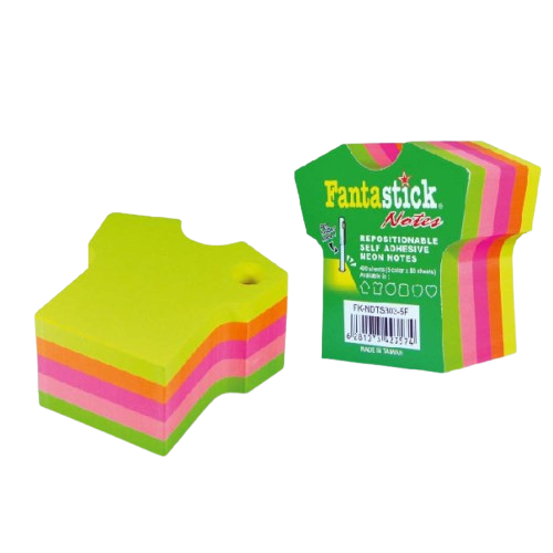 Lot de 6 blocs de 400 Stick Notes Fantastick Tshirt fluorescentes – 5 couleurs assorties