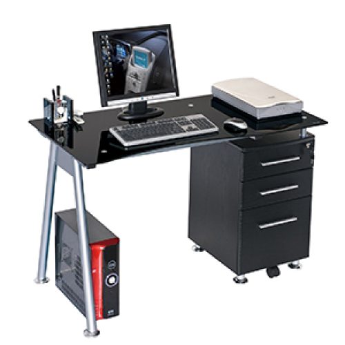 Meuble info ANDROMEDE en verre noir et bois avec rangements