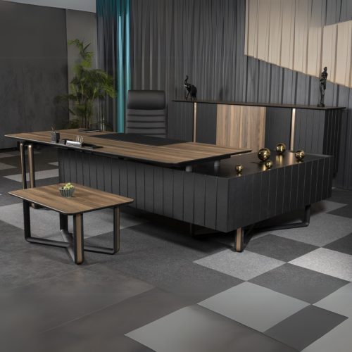 Pack de bureau Exécutif EFOR : Bureau 240 cm + Retour + Table basse + Crédence Couleur Tesbih Noir