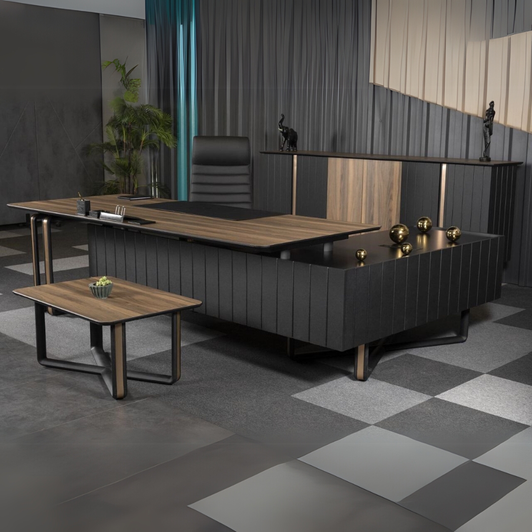 Pack de bureau Exécutif EFOR : Bureau 240 cm + Retour + Table basse + Crédence Couleur Tesbih Noir