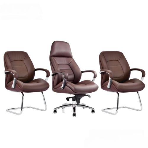 Pack fauteuil TRENDY : 1 président + 2 visiteurs sur luge Marron Tabac