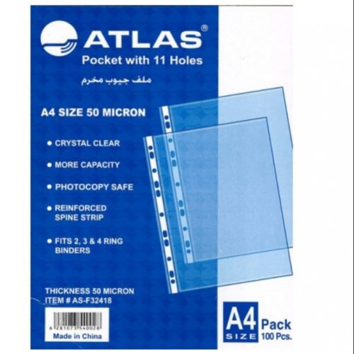 Paquet de 100 Pochettes perforées Atlas As-f32428 A4 40 MICRONS ULTRA RÉSISTANTES