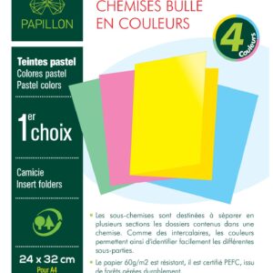 Paquet de 200 sous-chemises bulle PAPILLON A4 - 60 g - 24 x 32 cm couleurs pastel assorties