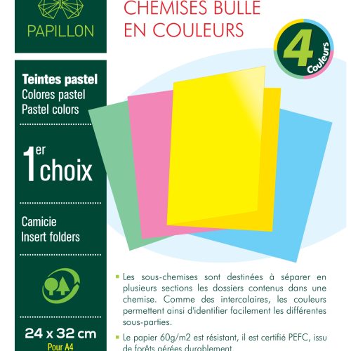 Paquet de 200 sous-chemises bulle PAPILLON A4 – 60 g – 24 x 32 cm couleurs pastel assorties