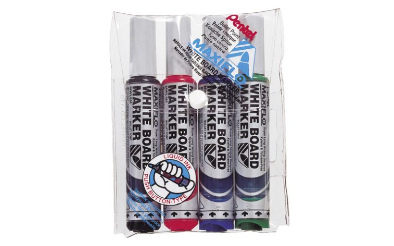 Pochette de 4 Marqueurs pour tableaux PENTEL Maxiflo pointe arrondie Coul assorties