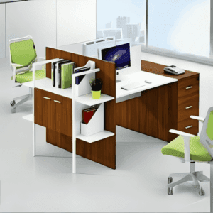 Workstation OSLO 2 postes en bois avec caissons intégrés et bibliothèque