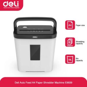 Destructeur de papier DELI E9939 Coupe croisée A4 – 12 Litres / 5 Feuilles