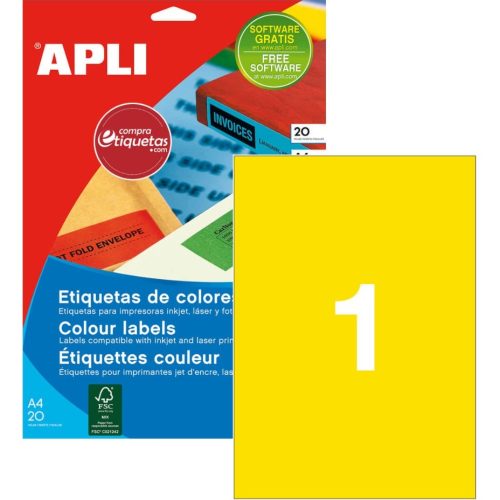 Étiquettes jaunes APLI permanentes 210,0 x 297,0 mm 20 feuilles (01599)